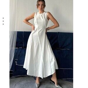 Zara Frayed Asymmetrical Denim Maxi Dress White Size Medium Blogger Favorite